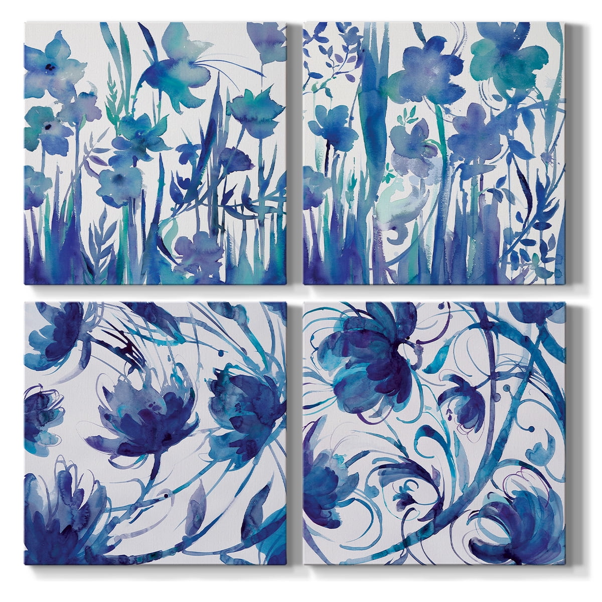 Set of 4 Blue Floral Abstract Canvas Prints with Solid Wood Frame