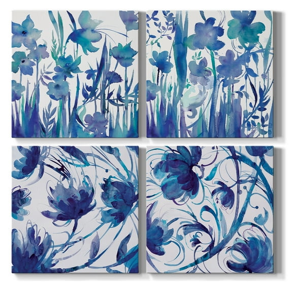 Bedroom Wall décor Blue Flower Wall Art 4 Pieces Set, 16 x 16 inches Each, Modern Abstract Painting Canvas Prints Artwork for Home, Office, Cabin, Guest Room