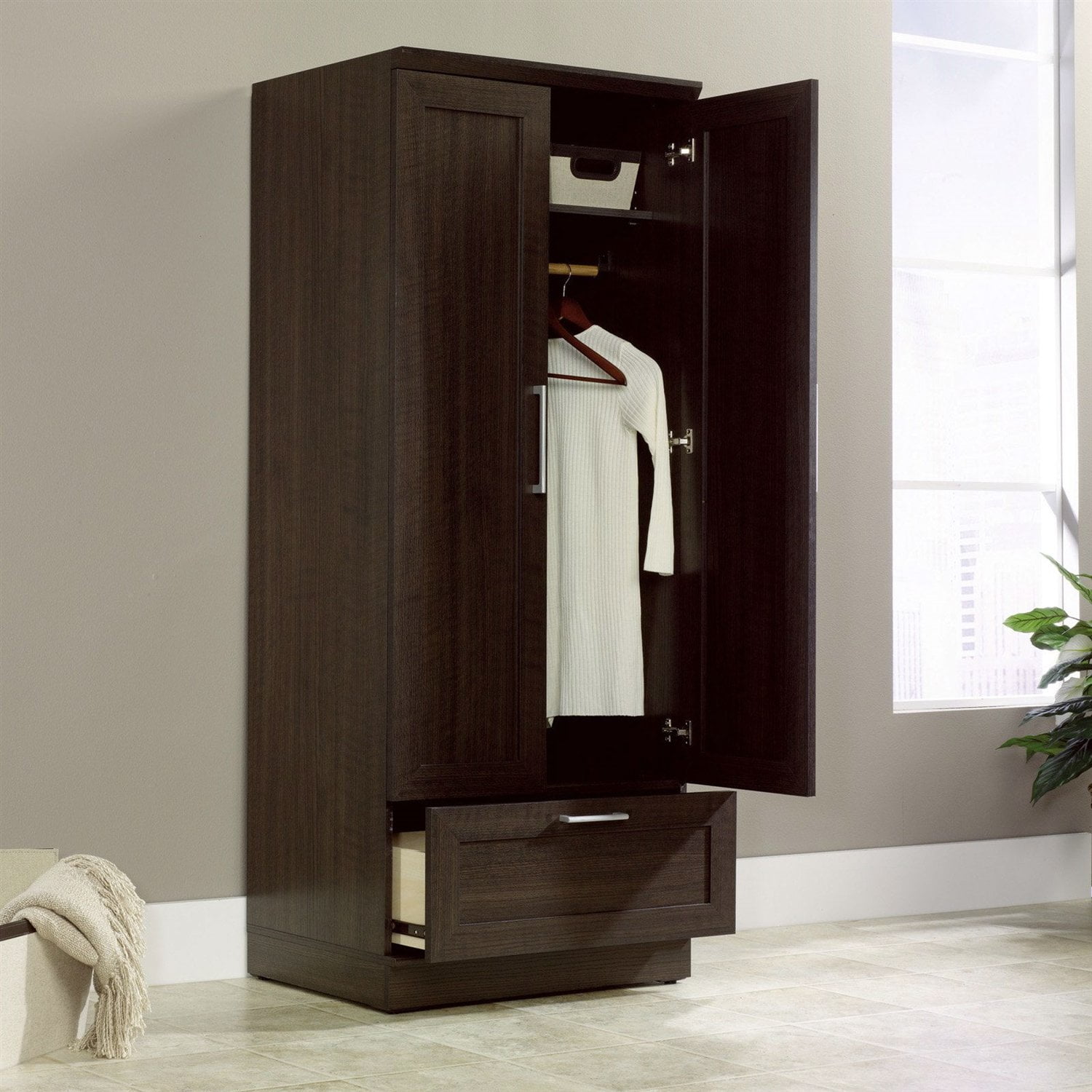 Dark Brown Oak Wood Bedroom Wardrobe Armoire Cabinet