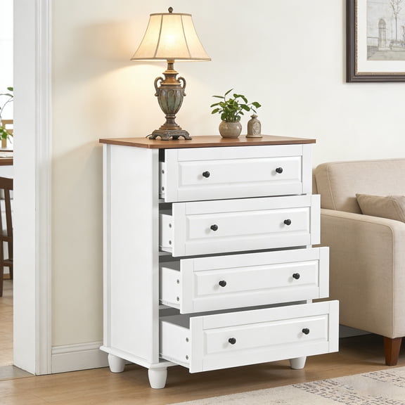 Bedroom White , 4 Drawers Storage Chest Cabinet Organizer Wide Spacious Drawers Brushed Metal Handles Modern Elegant Design for Living Room Bedroom Home