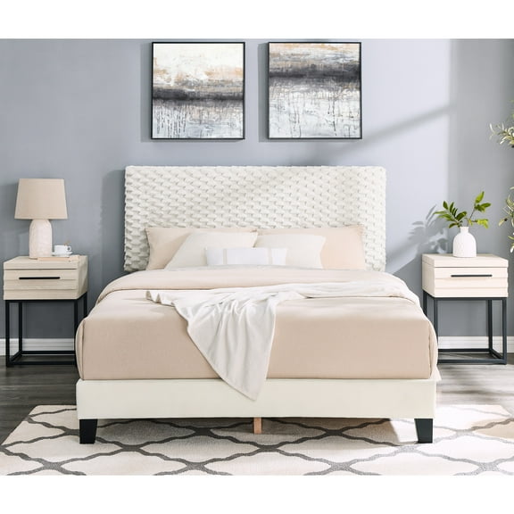 Bedroom With 3d Upholstered Bed And 2 Nightstands, Full, Foam Padding 3 Configuration, Framework