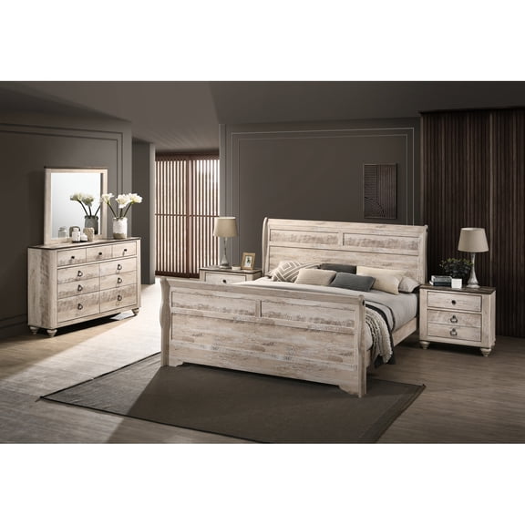 Bedroom With King Bed - Rustic Appeal, Metal Handles, Classic Design For Bed, Spacious Dresser, Decorative Mirror, 2 Nightstands
