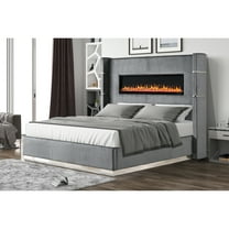 Bedroom Wooden Queen Bed With Ambient And Electric Fireplace In Gray Size Velvet Upholstery Headboard