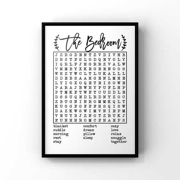 Bedroom Word Search Poster, Typography Wall Art Home Decor, 8x12 UNFRAMED