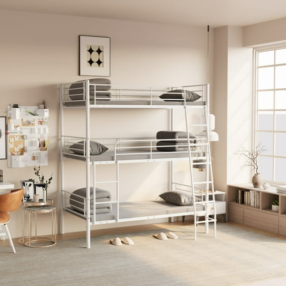 Bedroom dormitory twin size white metal triple bunk bed can be disassembled into three beds