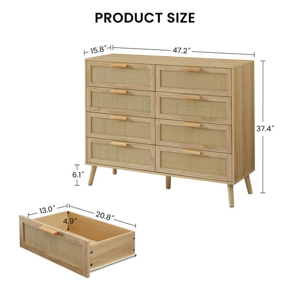 Bedroom dresser, 8 Double Dresser with rattan drawers, wood chest of drawers for kids room, living room, entry and hallway, Natural, 47.2''W x 15.8''D x 37.4''H.