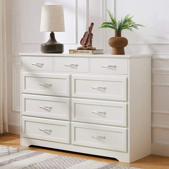 Bedroom dresser, 9 drawer long dresser with antique handles, wood Chest of Drawers for Bedroom, living room, entry and hallway, White, 47.2''W x 15.8''D x 34.6''H