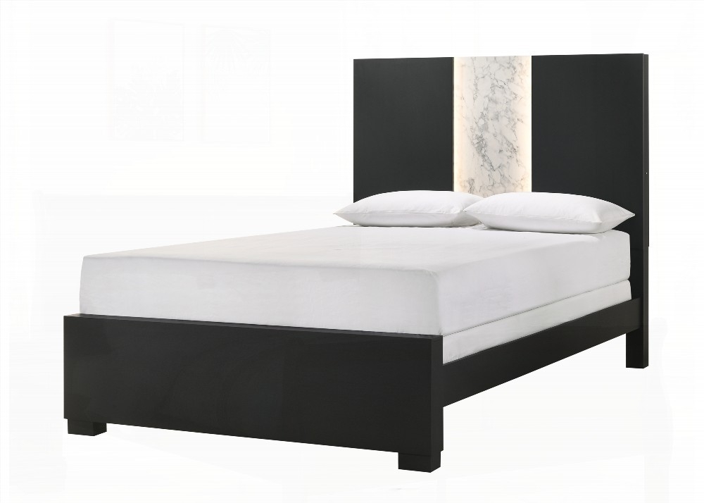 King Size Wooden Platform Bed Frame with Black Finish and LED Light Headboard for Bedroom