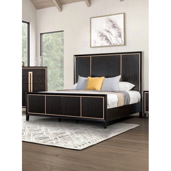 Bedroom's Espresso Queen Size Bed having a High Panel Headboard and Gold Accent Trim