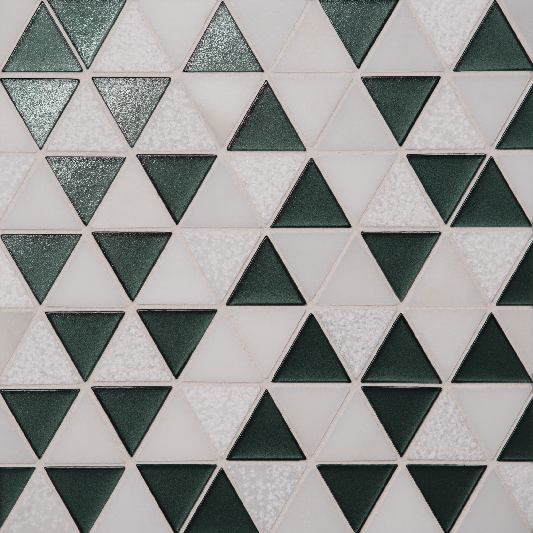 Dark Green and White Triangle Glass and Stone Mosaic Tile