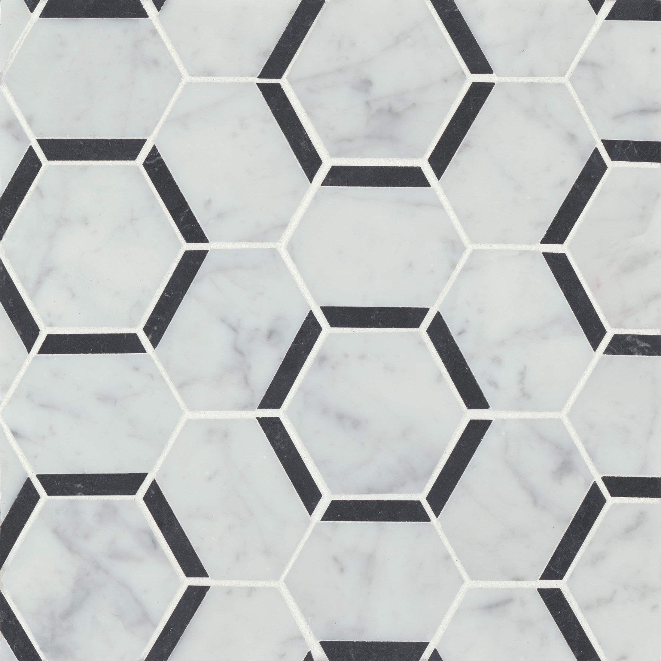 White Carrara and Nero Marquina Hexagon Marble Mosaic Tile