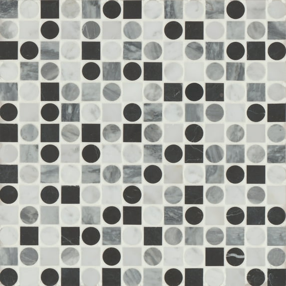 Bedrosians Modni Square Honed Marble Mosaic 12 x 12, White Carrara / Nero Marquina / Bardiglio Nuvolato (10.1 sq. ft./Case)