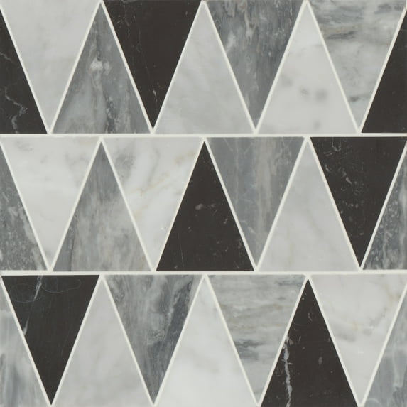 Bedrosians Modni Triangle Honed Marble Mosaic 12 x 13, White Carrara / Nero Marquina / Bardiglio Nuvolato (10.51 sq. ft./Case)