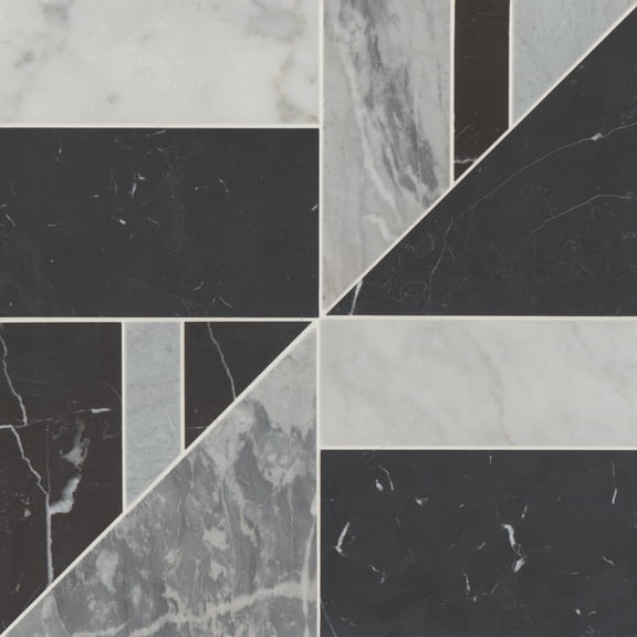 Bedrosians Modni Triangle Honed Marble Mosaic 16 x 16, White Carrara / Nero Marquina / Bardiglio Nuvolato (8.85 sq. ft./Case)