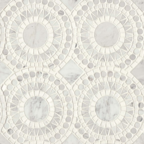 Bedrosians Solis Circle Honed Marble Mosaic 14 x 14, White Carrara / White Thassos (7.05 sq. ft./Case)