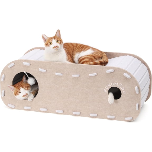Beds for Indoor Pets, 31.5  Extra-Large  Cave for Multi-Pet, Cozy House with Fluffy Ball , Scratch Resistant Felt Kitten Hideaway Bed, Feline Tunnel, Beige