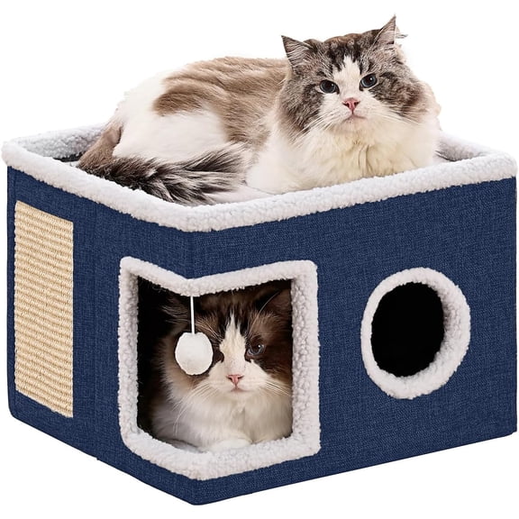 Beds for Indoor Cats, Large Cave with Fluffy Ball and Scratch Pad, Foldable Scratch House with Hideaway Condo for Kitten,16x16x13inch,Blue
