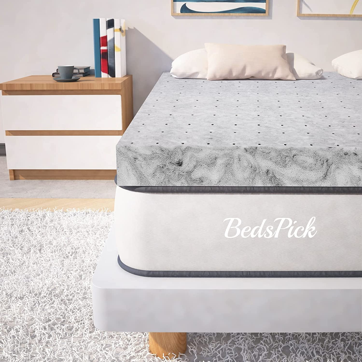 BedsPick 3 Inch Memory Foam Mattress Topper Twin XL Size Bamboo Charcoal Mattress Topper