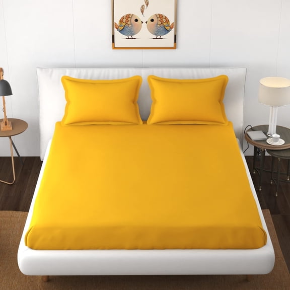 Bedsheet For Double Bed King Size Glace Cotton - Size 90 X 95 Inches, Yellow | Double Bedsheet With 2 Pillow Covers - 144 Thread Count King-Size Bedsheet Is A Perfect Blend