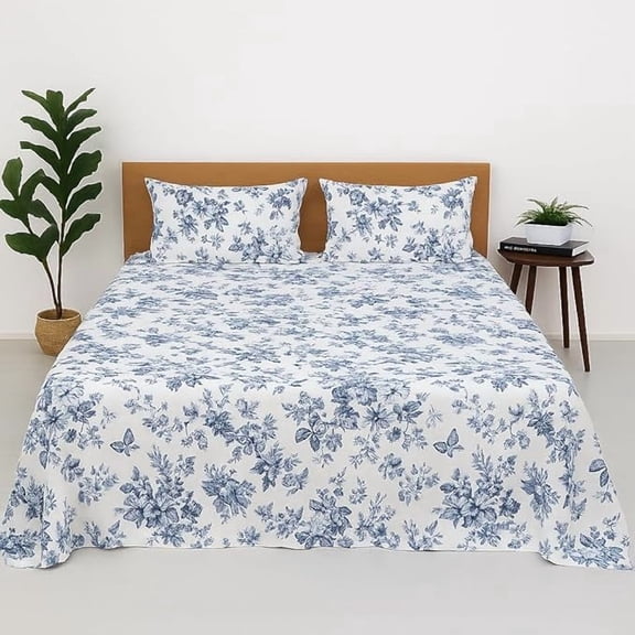 Bedsheet For Queen Bed Soft Cotton Feel Bedding Sheet With 2 Pillow Covers | 90x102 Inch, White - Blue Floral Print Wrinkle, Resistant & Lightweight Double Bedsheet