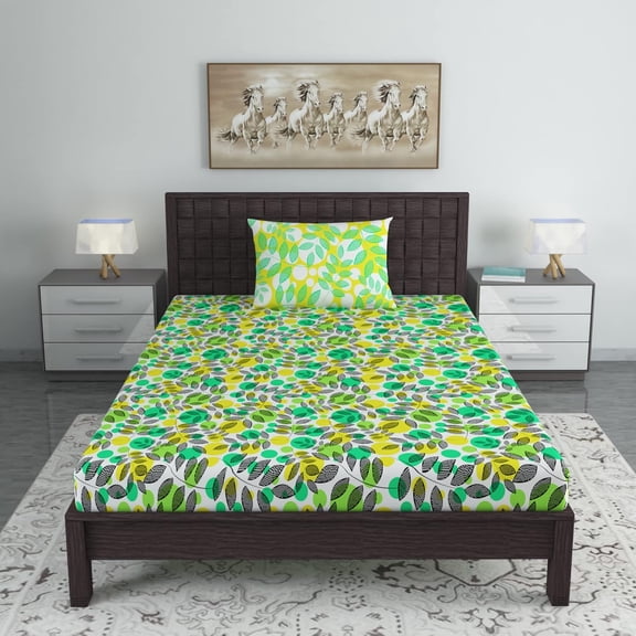 Bedsheet For Single Size Bed With 1 Pillow Cover - 57 X 87 Inches, Green & Yellow | Gifts For Wedding Or Anniversary, Surprise, Soft, Breathable, & Comfortable Bedsheet