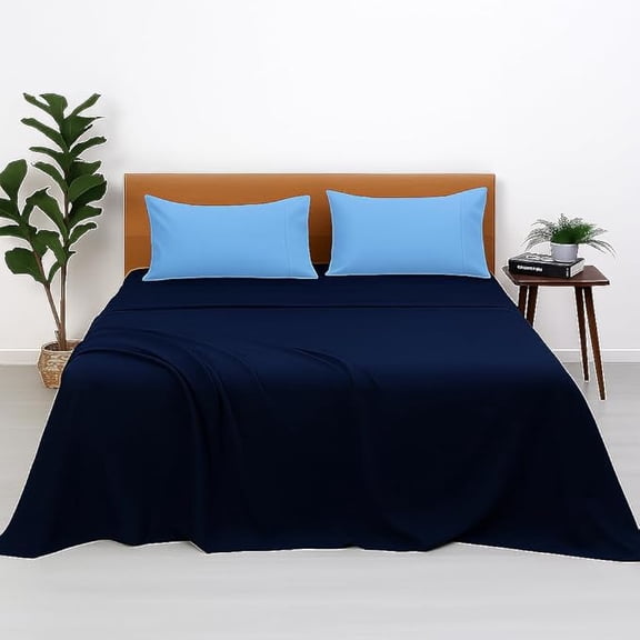 Bedsheets For Queen Bed Include Pillow Cover, Ultra Soft - Size 90x102 Inches, Navy & Sky Blue | Plain Solid Bed Sheet-Good For Home, Hotel, Resort & Guest House