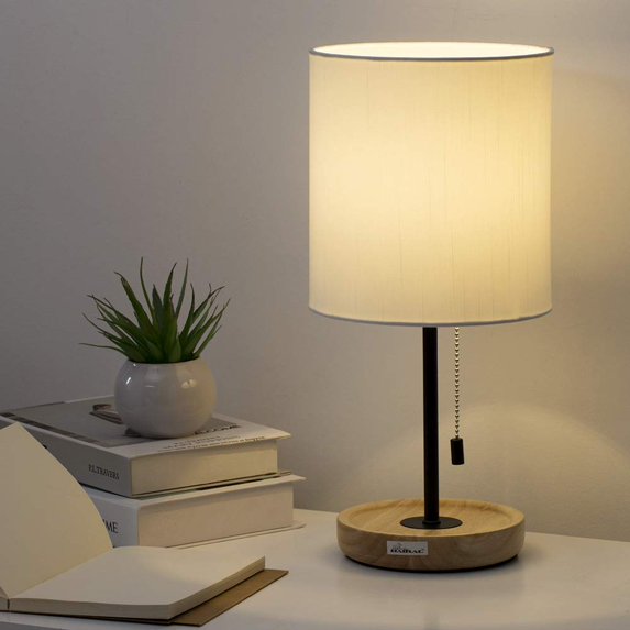 Bedside Black Modern Table Lamp With Tan Wood Base, Pull Chain Switch by Haitral