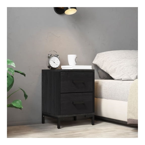 Bedside Cabinet Black 14.2x11.8x17.7, Solid Pine Nightstand with Drawers, Vintage Industrial Style Side Table for Bedroom, Living Room Furniture