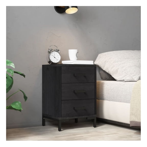 Bedside Cabinet Black 15.7x11.8x21.7 - Solid Pine Nightstand with Drawers - Vintage Industrial Style Bedroom Furniture