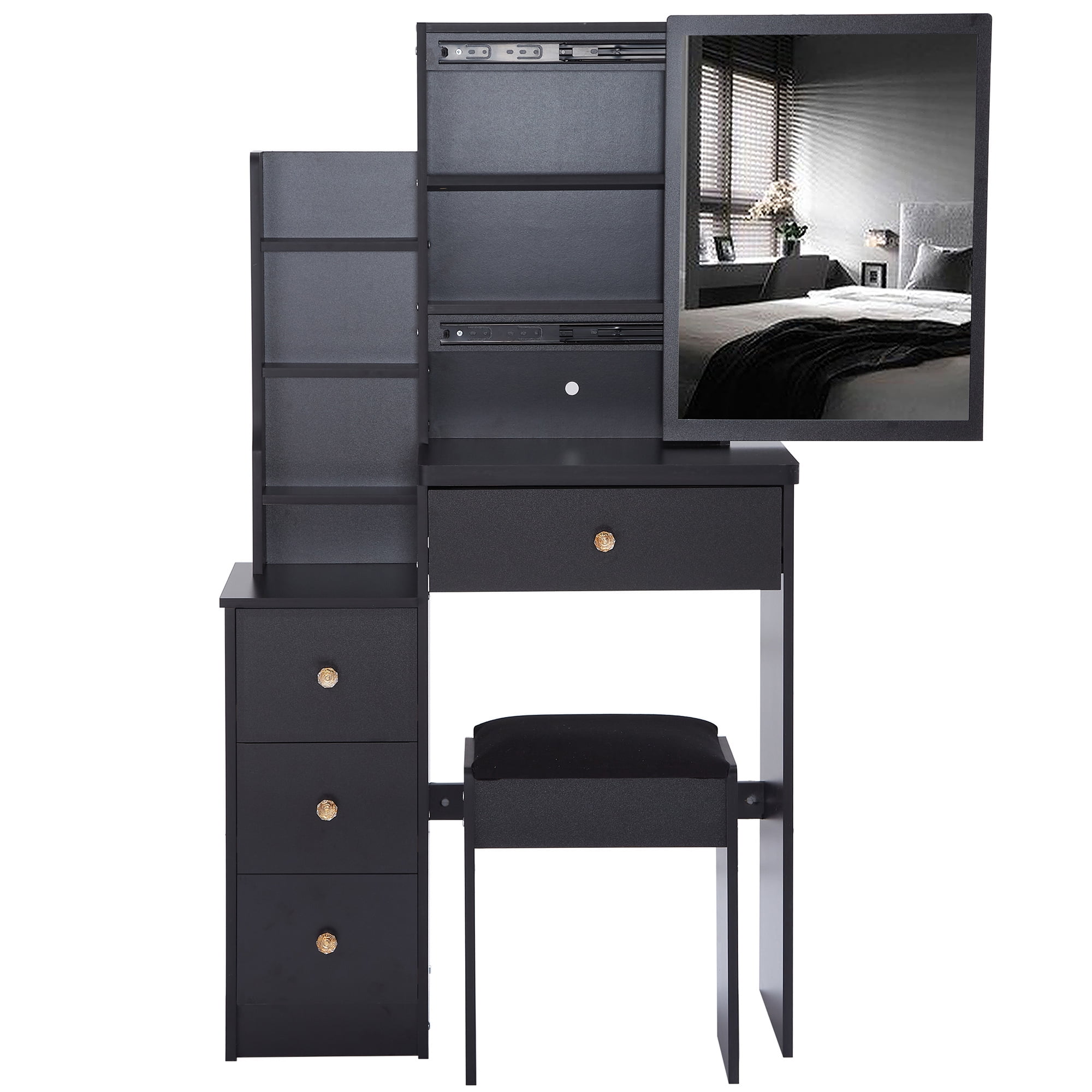 Bedside Cabinet Vanity Table + Cushioned Stool, Extra Large Sliding Mirror, Multi Layer, High Capacity Storage