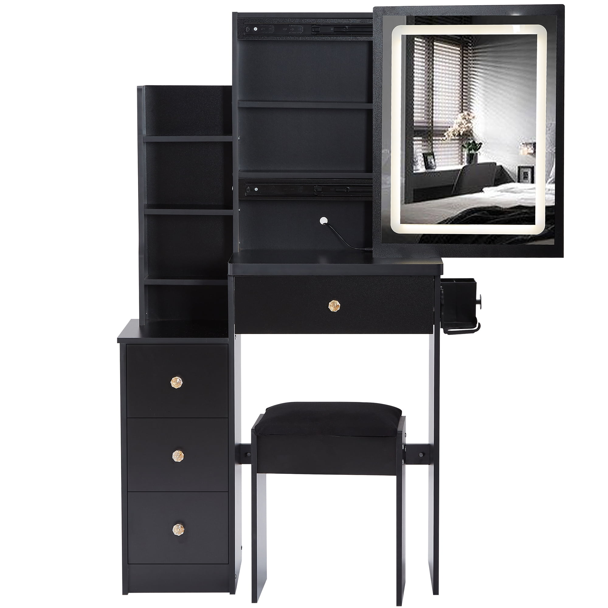 Bedside Cabinet Vanity Table + Cushioned Stool Extra Large Touch Control Sliding LED Mirror with Hair dryer bracket