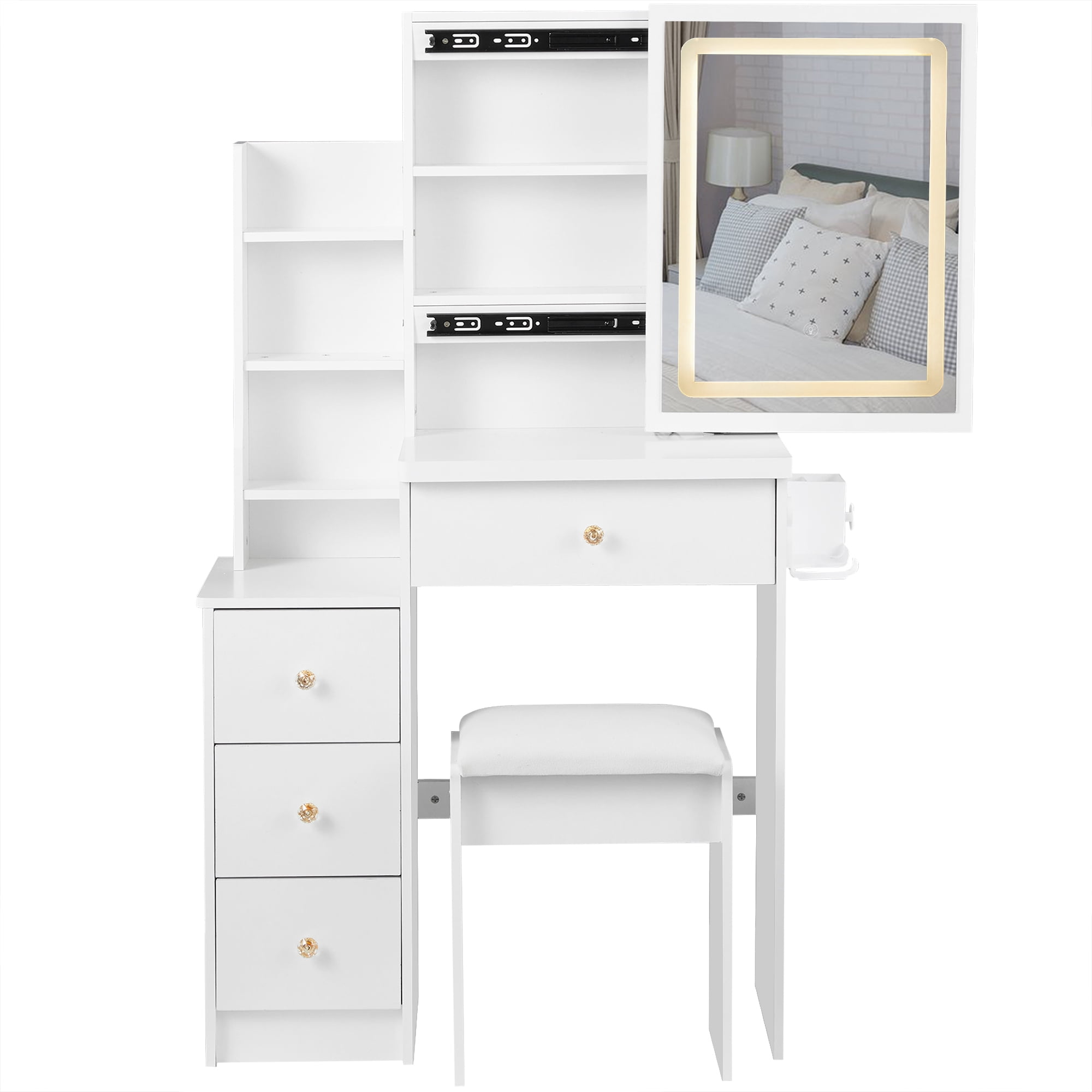 Bedside Cabinet Vanity Table + Cushioned Stool, Hair dryer bracket, Extra Large Touch Control Sliding LED Mirror