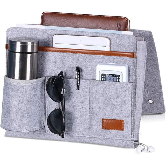 Bedside Caddy, Bedside Storage Organizer With 5 Pockets, Remote Control Magazine Phone Tablet Glasses Holder For Home Dorm Sofa Desk - light grey