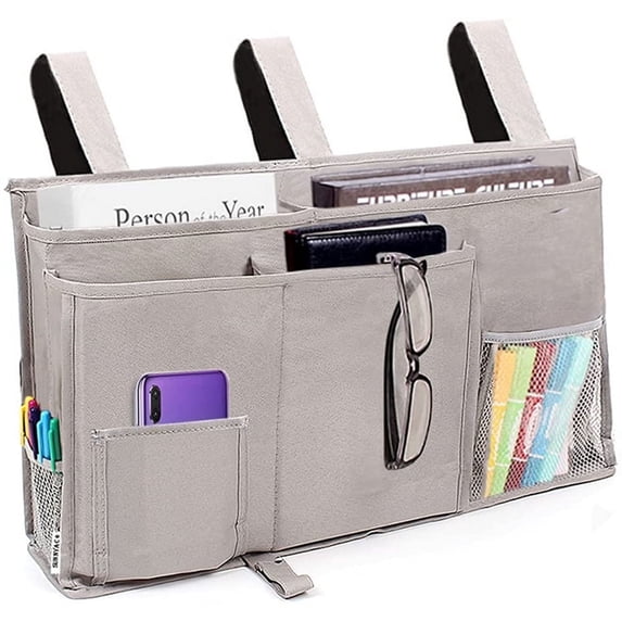 Bedside Caddy, Casewin Storage Organizer with 8 Pockets, Durable Oxford Hanging Bag, Pouch, Holder for Books, Phones, Tablets, Magazines, Best for Dorm Room Bunk Bed, Hospital Bed Rail (Grey)