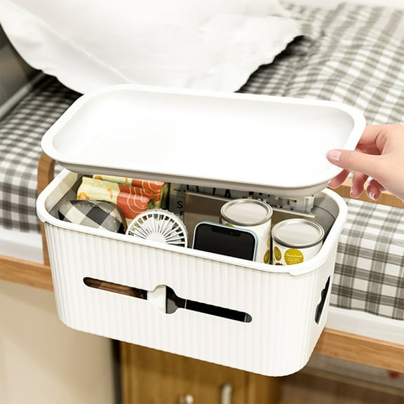 Bedside Caddy Hanging Basket Organizer, Hanging Bedside Organizer with Lid, Multi-functional Storage Container for Tissue Box, Phone Charging, for Home, Office, Room, Bunk Bed