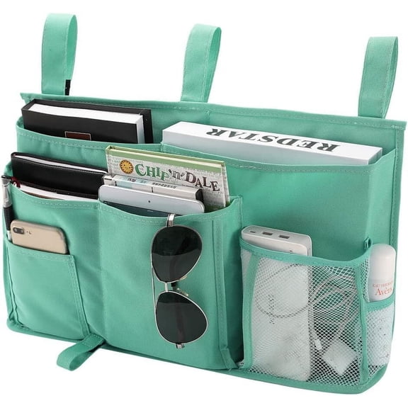 Bedside Caddy, Hanging Storage Bag Holder Beside Organizer with 8 Pockets for Bunk Dorm Rooms and Hospital Bed Rails, Lake Blue