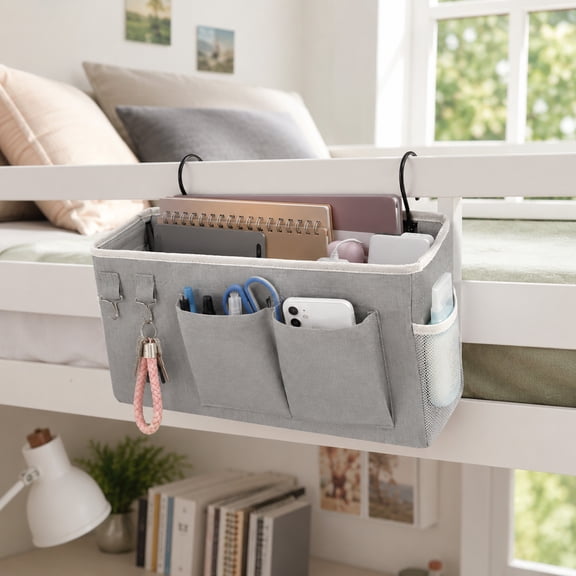 Bedside Caddy Hanging Storage Organizer, Bed Side Hanging Bag with Metal Hooks, Dorm Room Bunk Bed Bedside Storage for Bedroom, College Dorm