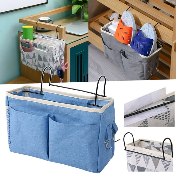 Bedside Caddy Organizer, Heavy Duty Bedside Hanging Storage Bag, Multi-Function Caddy for Bunk bed Hospital Beds Dorm Bed Rails, Holders Books Glasses Phones Magazine (Blue) 11.4x4.1x7.48"