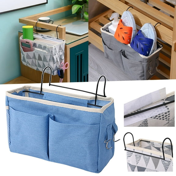 Bedside Caddy Organizer, Heavy Duty Bedside Hanging Storage Bag, Multi-Function Caddy for Bunk bed Hospital Beds Dorm Bed Rails, Holders Books Glasses Phones Magazine (Blue) 11.4x4.1x7.48"