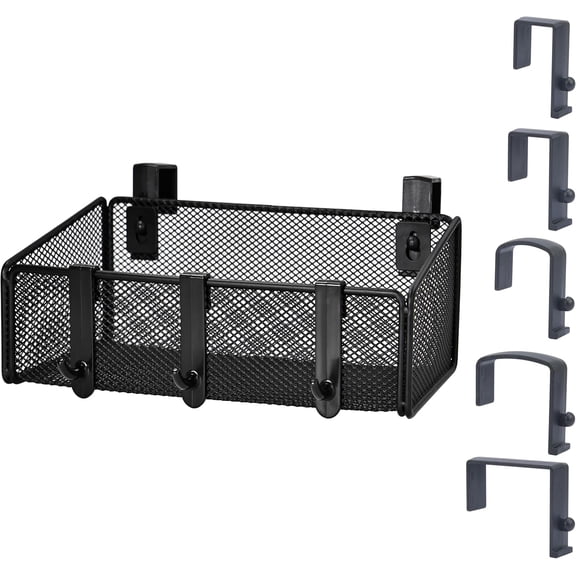 Bedside Caddy Shelf Hanging Storage Basket for Bunk Bed, Office Cubical Walls, Baby Rails, College Dorm Organizer - 5 Pairs Sized Hooks for Phone, Glass, Magazine, Decor (Black)