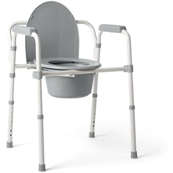 Bedside Commode 3-in-1, Steel Folding Frame, Standard Seat, 350 lb Capacity, 7.5 QT Bucket, Tool-Free Assembly, Gray