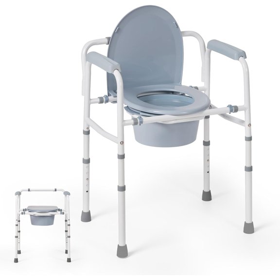 Bedside Commode Chair with Bucket for Seniors, Portable Extra Wide Commode Seat for Toilet, Folding Steel Chair with 5 Adjustable Heights, 350 Pound Support Capacity, 7.5 Qt. Bucket