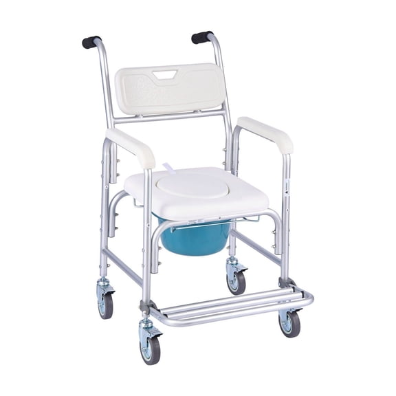Bedside Commode Chair with Wheels - 350lbs Capacity - 4-in-1 Portable Toilet, Raised Seat, Shower Chair for Seniors - Padded Seat & Footrest