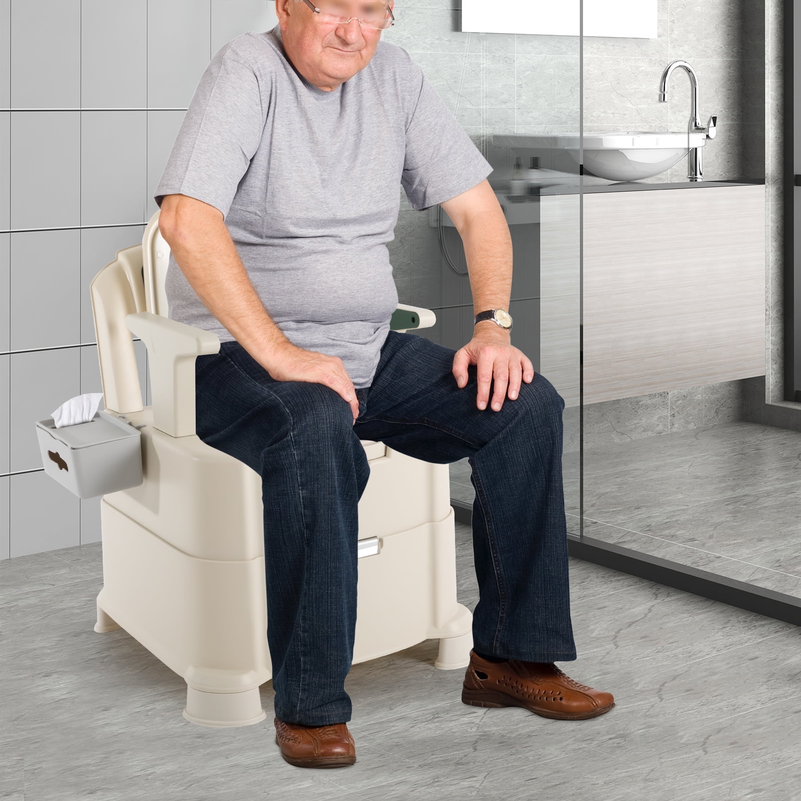 Bedside Commode for Elderly \u0026 Disabled Ergonomic Portable Toilet, 440lbs Capacity, Battery-Powered Night Light, Comfortable PU Cushion