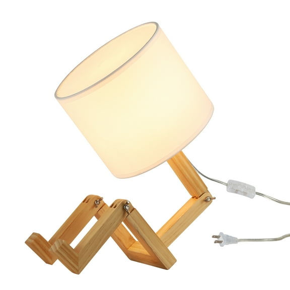 Bedside Cute Table Lamp with Wood Changeable Base, Vintage White Farbic Lampshade Nightstand Lamp, Industrial Small Reading Desk Light Decor for Living Room, Kids Room, Ktichen Island