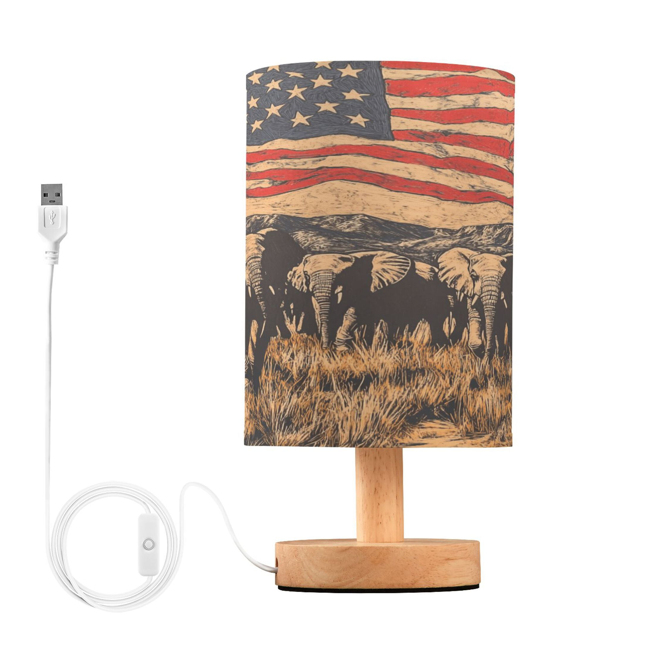Bedside Desk Lamp LED African Elephants and American Flag Table