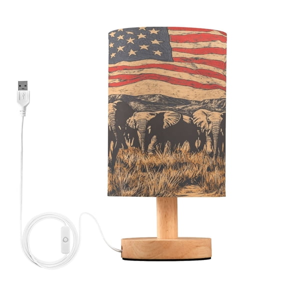 Bedside Desk Lamp LED African Elephants and American Flag Table Nightstand Lamps Warm Light Fabric Lampshade for Home Bedroom Office Living Room Decor