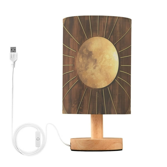 Bedside Desk Lamp LED Bulb Night Light USB Power Fabric Lampshade Table Lamps Abstract Wood Geometric