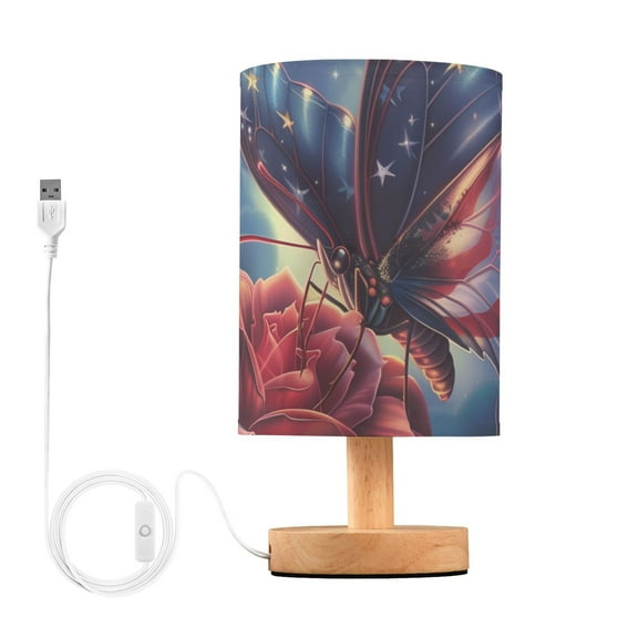 Bedside Desk Lamp LED Bulb Night Light USB Power Fabric Lampshade Table Lamps American Flag Colored Butterfly with Flower