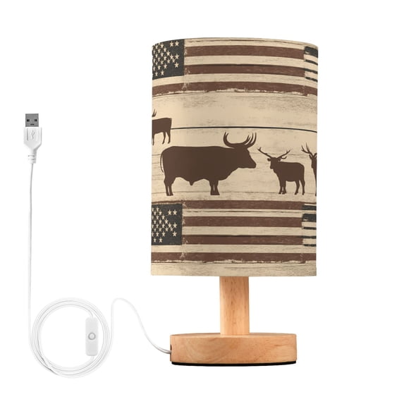 Bedside Desk Lamp LED Bulb Night Light USB Power Fabric Lampshade Table Lamps American Flag and Cow